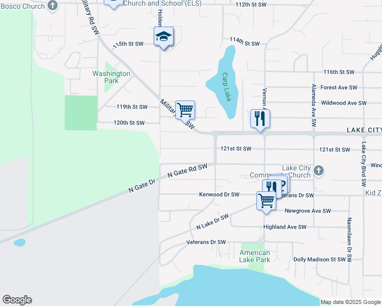map of restaurants, bars, coffee shops, grocery stores, and more near 9801 121st Street Southwest in Lakewood