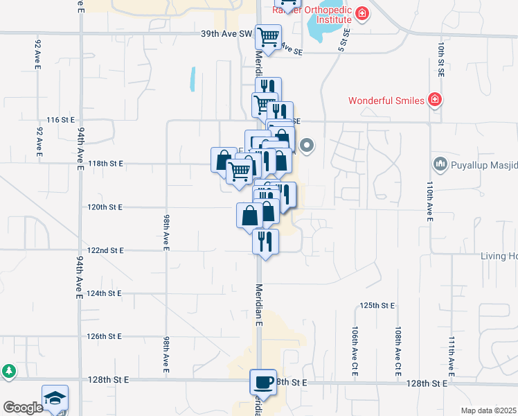 map of restaurants, bars, coffee shops, grocery stores, and more near 14503 South Meridian in Puyallup