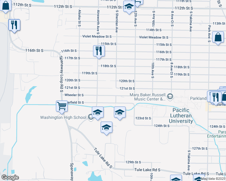 map of restaurants, bars, coffee shops, grocery stores, and more near 1417 121st Street South in Tacoma
