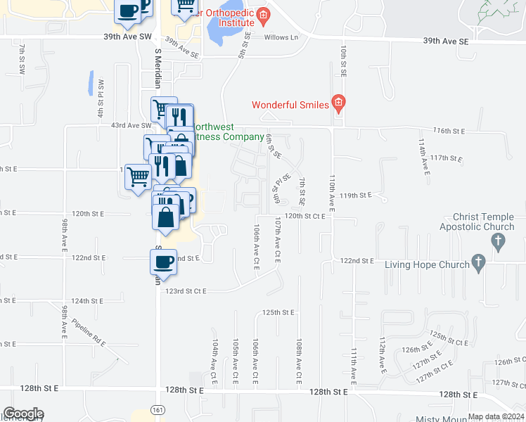 map of restaurants, bars, coffee shops, grocery stores, and more near 4610 6th Street Place Southeast in Puyallup