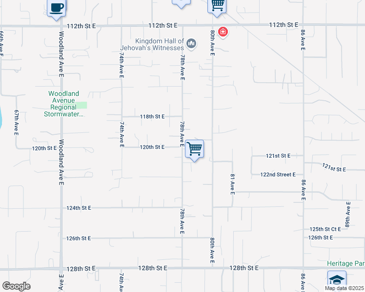 map of restaurants, bars, coffee shops, grocery stores, and more near 11921 78th Avenue East in Puyallup