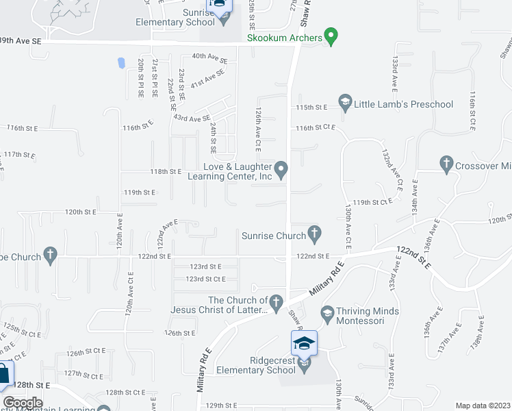 map of restaurants, bars, coffee shops, grocery stores, and more near 12600 119th Street Court East in Puyallup