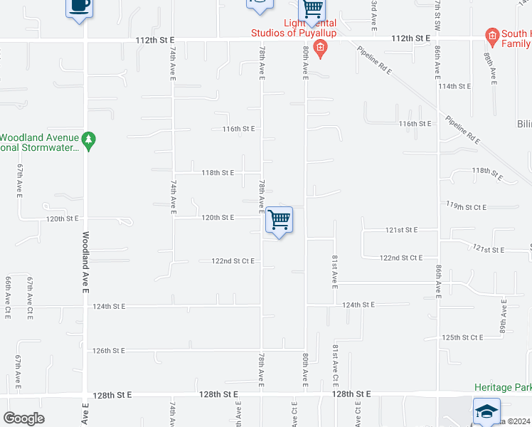 map of restaurants, bars, coffee shops, grocery stores, and more near 11921 78th Avenue East in Puyallup