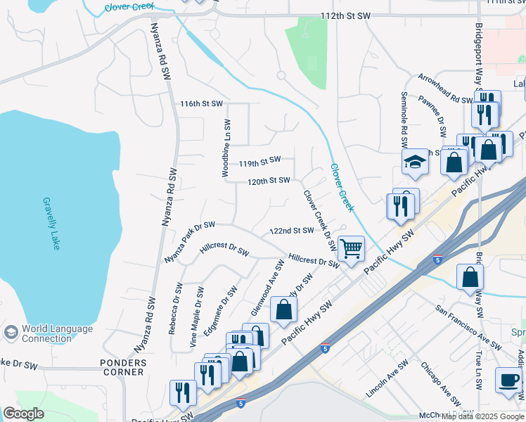 map of restaurants, bars, coffee shops, grocery stores, and more near 6007 Bocott Lane Southwest in Lakewood