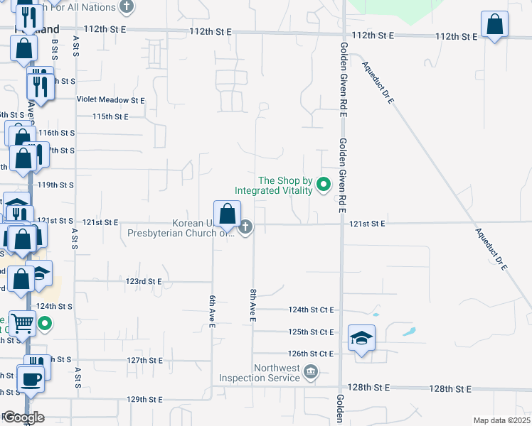 map of restaurants, bars, coffee shops, grocery stores, and more near 811 121st Street East in Tacoma
