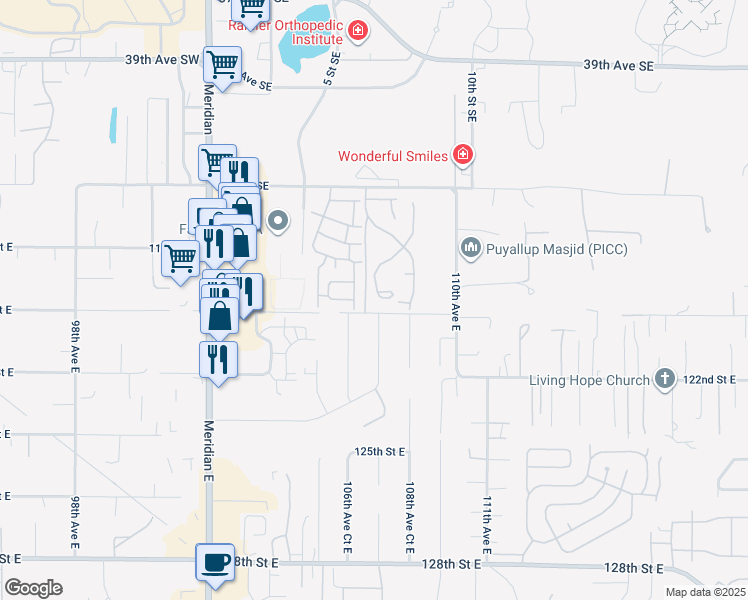 map of restaurants, bars, coffee shops, grocery stores, and more near 4610 6th Street Place Southeast in Puyallup