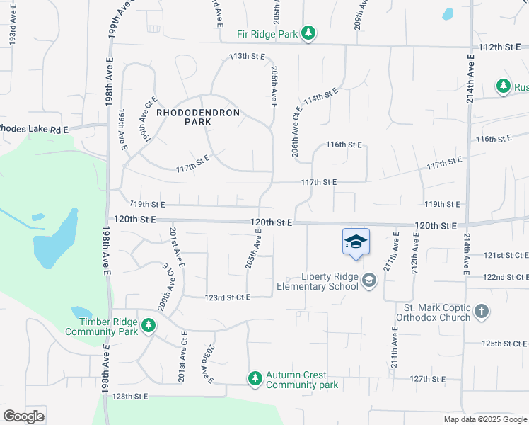 map of restaurants, bars, coffee shops, grocery stores, and more near 20502 119th Street East in Sumner