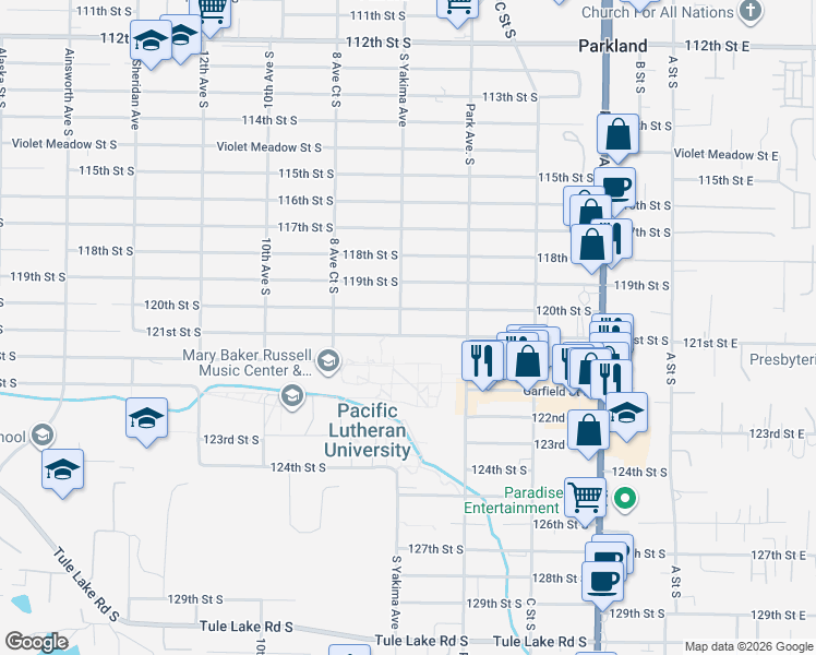 map of restaurants, bars, coffee shops, grocery stores, and more near 723 121st Street South in Tacoma