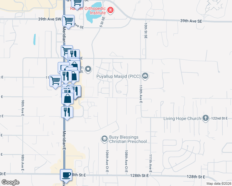map of restaurants, bars, coffee shops, grocery stores, and more near 4610 6th Street Place Southeast in Puyallup