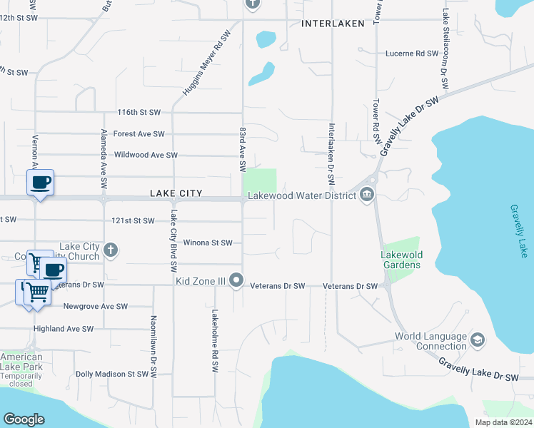 map of restaurants, bars, coffee shops, grocery stores, and more near 8113 121st Street Southwest in Lakewood