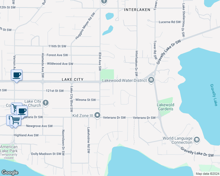 map of restaurants, bars, coffee shops, grocery stores, and more near 8117 121st Street Southwest in Lakewood