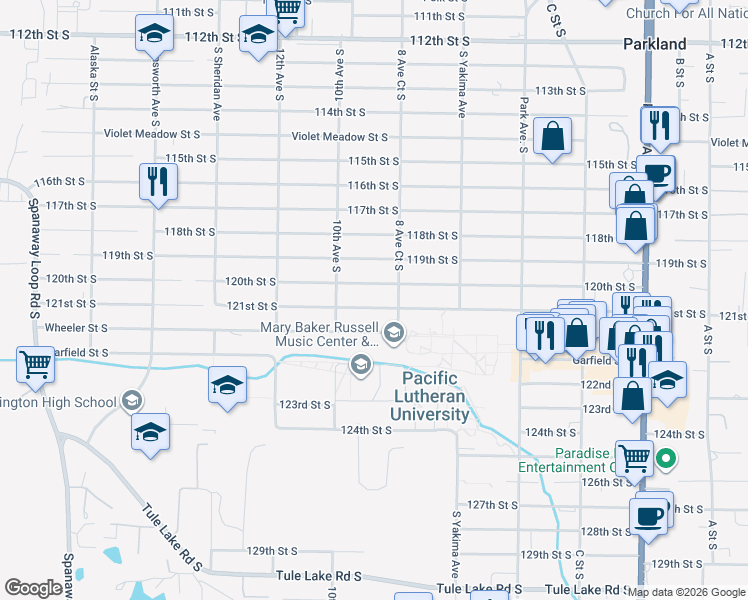 map of restaurants, bars, coffee shops, grocery stores, and more near 907 121st Street South in Tacoma