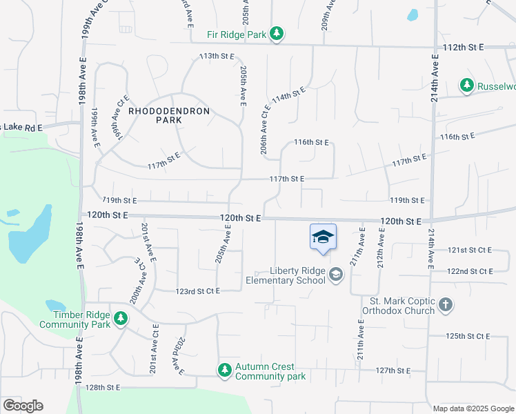 map of restaurants, bars, coffee shops, grocery stores, and more near 11910 207th Avenue East in Sumner