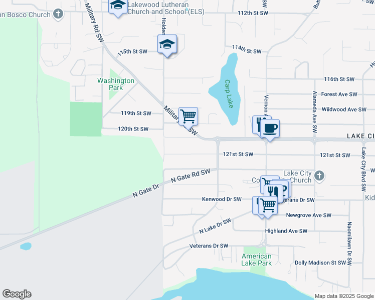 map of restaurants, bars, coffee shops, grocery stores, and more near 9801 121st Street Southwest in Lakewood