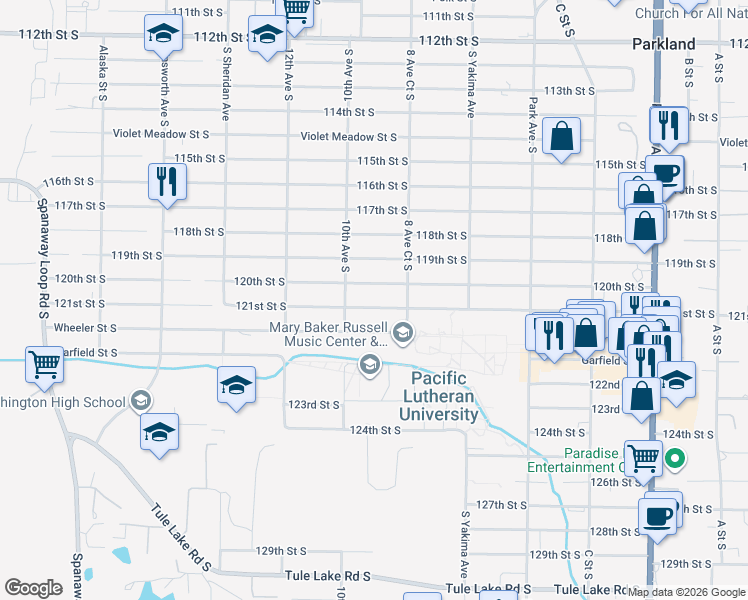 map of restaurants, bars, coffee shops, grocery stores, and more near 907 121st Street South in Tacoma