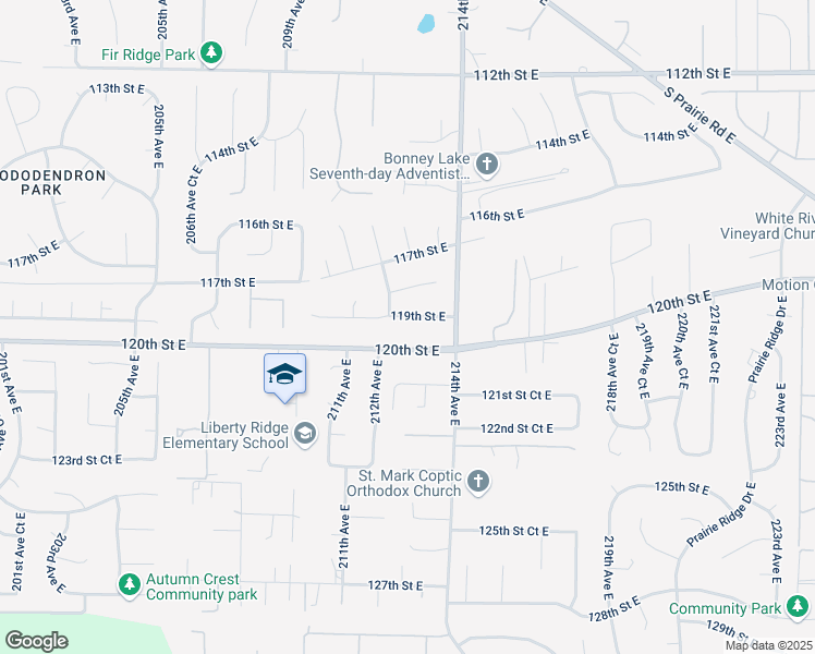 map of restaurants, bars, coffee shops, grocery stores, and more near 21212 119th Street East in Bonney Lake