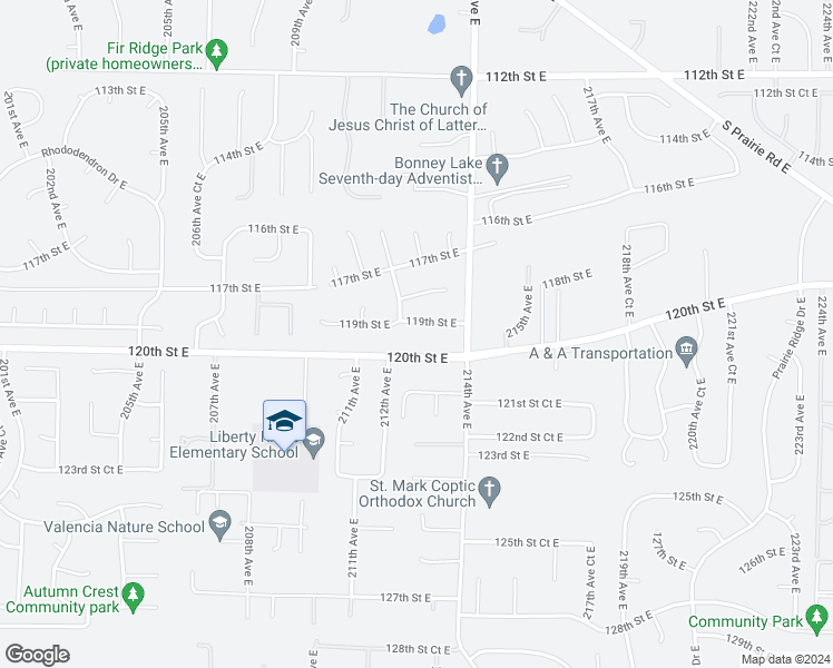 map of restaurants, bars, coffee shops, grocery stores, and more near 21212 119th Street East in Bonney Lake