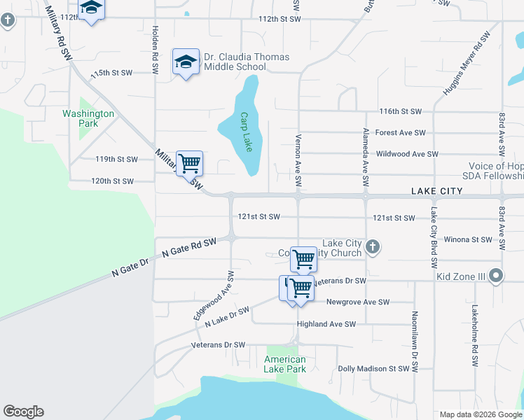 map of restaurants, bars, coffee shops, grocery stores, and more near 9315 121st Street Southwest in Lakewood