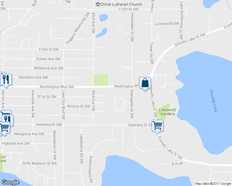 map of restaurants, bars, coffee shops, grocery stores, and more near 8019 Shadywood Lane Southwest in Tacoma