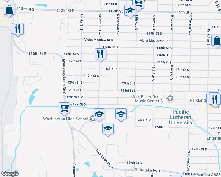 map of restaurants, bars, coffee shops, grocery stores, and more near 1417 121st Street South in Tacoma