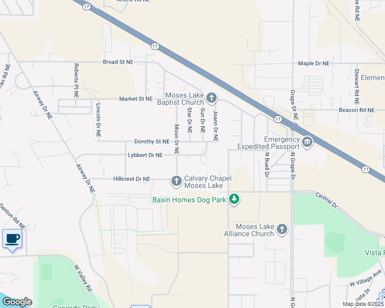 map of restaurants, bars, coffee shops, grocery stores, and more near 8866 Lybbert Drive Northeast in Moses Lake