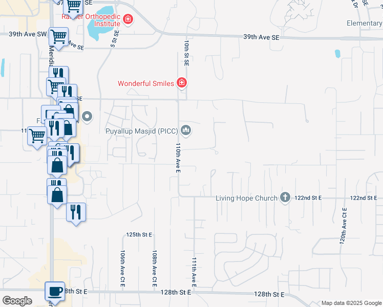 map of restaurants, bars, coffee shops, grocery stores, and more near 11018 119th Street East in Puyallup