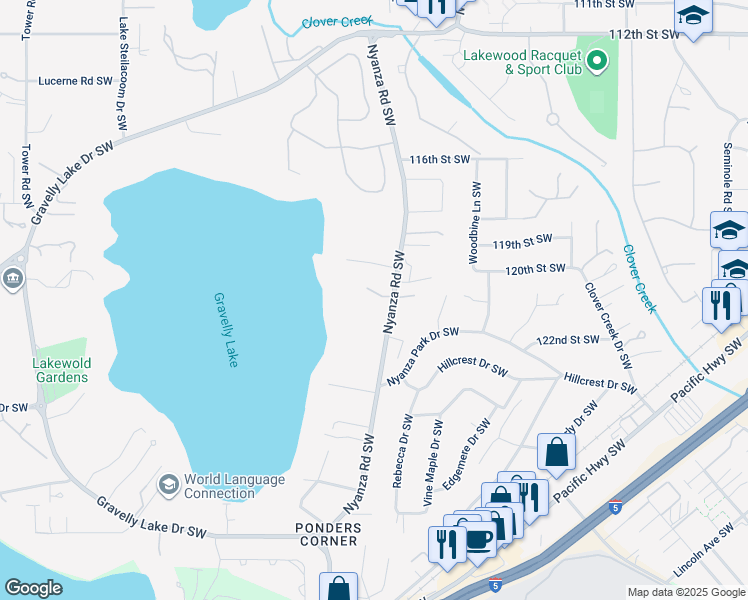 map of restaurants, bars, coffee shops, grocery stores, and more near 12018 Nyanza Road Southwest in Lakewood