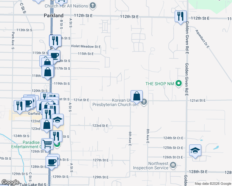 map of restaurants, bars, coffee shops, grocery stores, and more near 11928 4th Avenue Court East in Tacoma