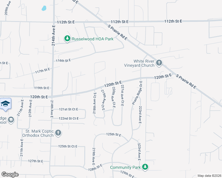 map of restaurants, bars, coffee shops, grocery stores, and more near 12008 220th Avenue Court East in Bonney Lake