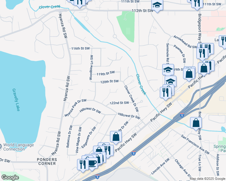 map of restaurants, bars, coffee shops, grocery stores, and more near 6007 Bocott Lane Southwest in Lakewood