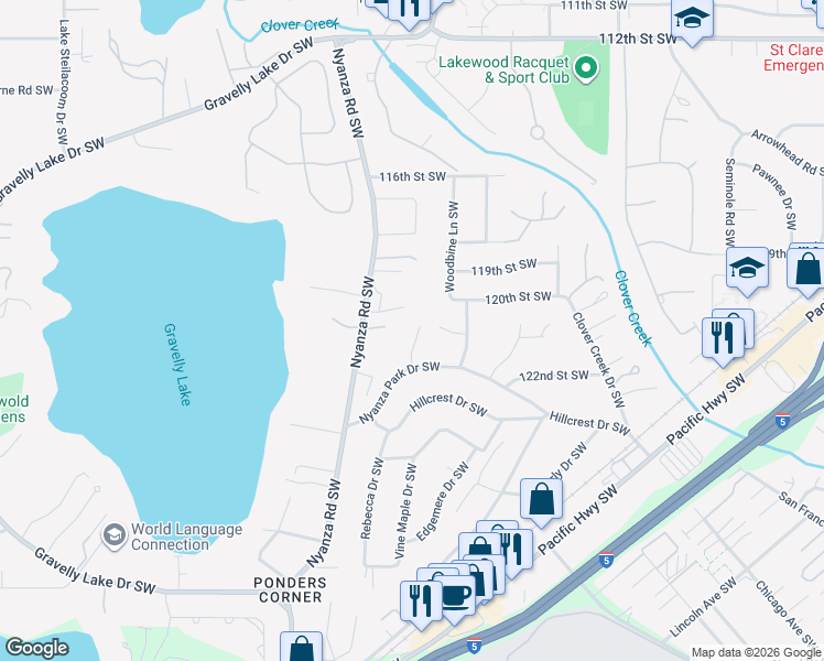 map of restaurants, bars, coffee shops, grocery stores, and more near 6 Drum Lane Southwest in Lakewood
