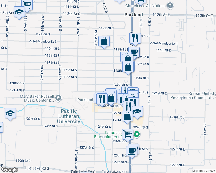map of restaurants, bars, coffee shops, grocery stores, and more near 414 120th Street South in Tacoma