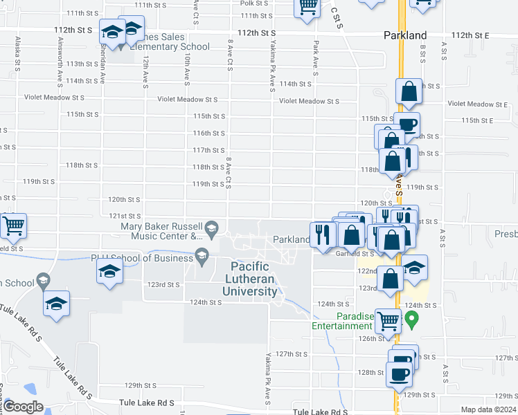 map of restaurants, bars, coffee shops, grocery stores, and more near 770 120th Street South in Tacoma