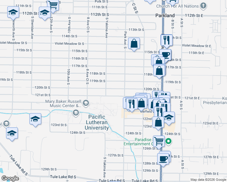 map of restaurants, bars, coffee shops, grocery stores, and more near 723 121st Street South in Tacoma