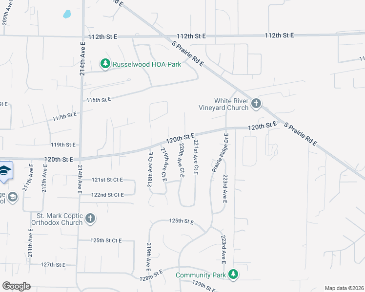 map of restaurants, bars, coffee shops, grocery stores, and more near 12008 220th Avenue Court East in Bonney Lake