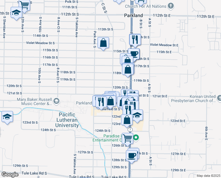 map of restaurants, bars, coffee shops, grocery stores, and more near 404 120th Street South in Tacoma