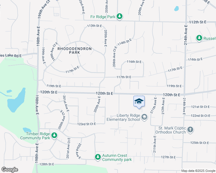map of restaurants, bars, coffee shops, grocery stores, and more near 11910 207th Avenue East in Sumner