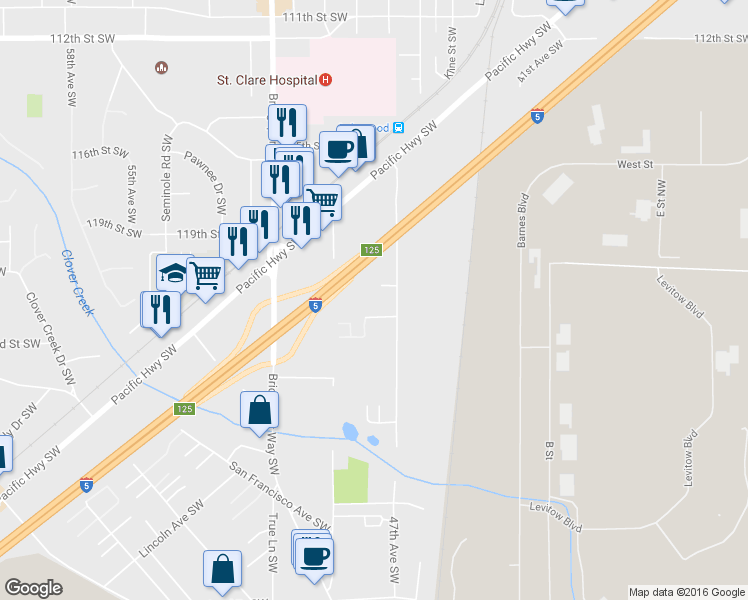 map of restaurants, bars, coffee shops, grocery stores, and more near 4717 121st Street Southwest in Tacoma