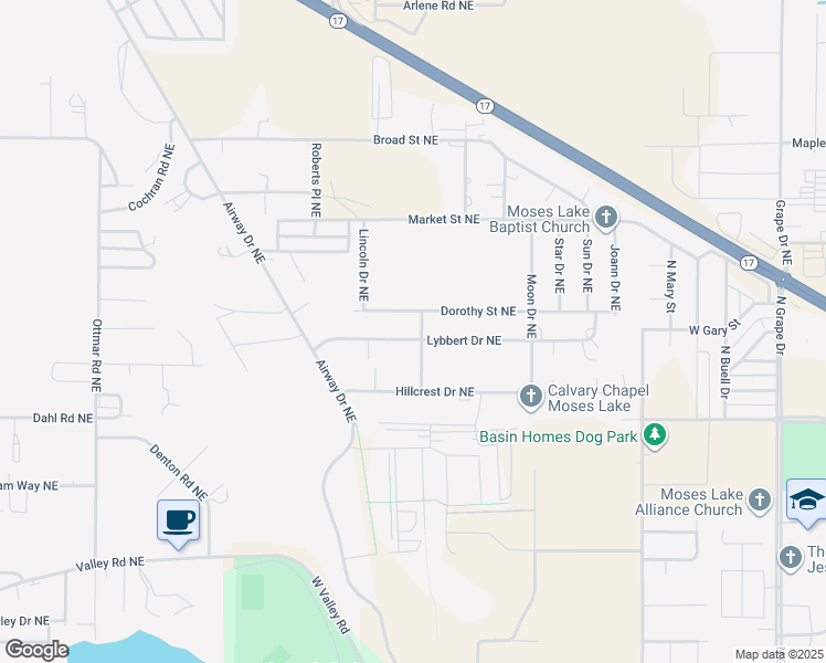 map of restaurants, bars, coffee shops, grocery stores, and more near 8580 Lybbert Drive Northeast in Moses Lake
