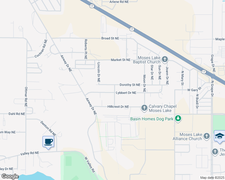 map of restaurants, bars, coffee shops, grocery stores, and more near 8580 Lybbert Drive Northeast in Moses Lake