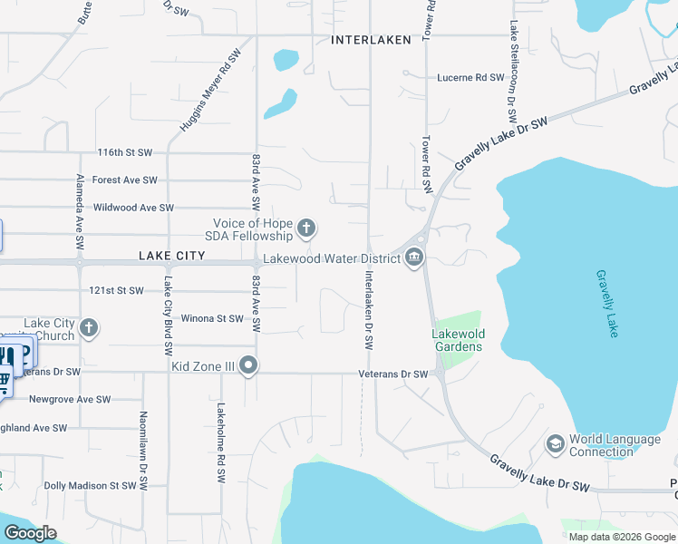 map of restaurants, bars, coffee shops, grocery stores, and more near 8019 Shadywood Lane Southwest in Tacoma