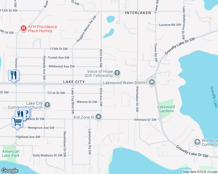 map of restaurants, bars, coffee shops, grocery stores, and more near 8113 121st Street Southwest in Lakewood