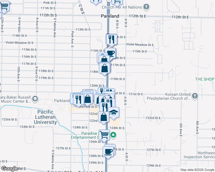 map of restaurants, bars, coffee shops, grocery stores, and more near 12011 Pacific Avenue South in Parkland