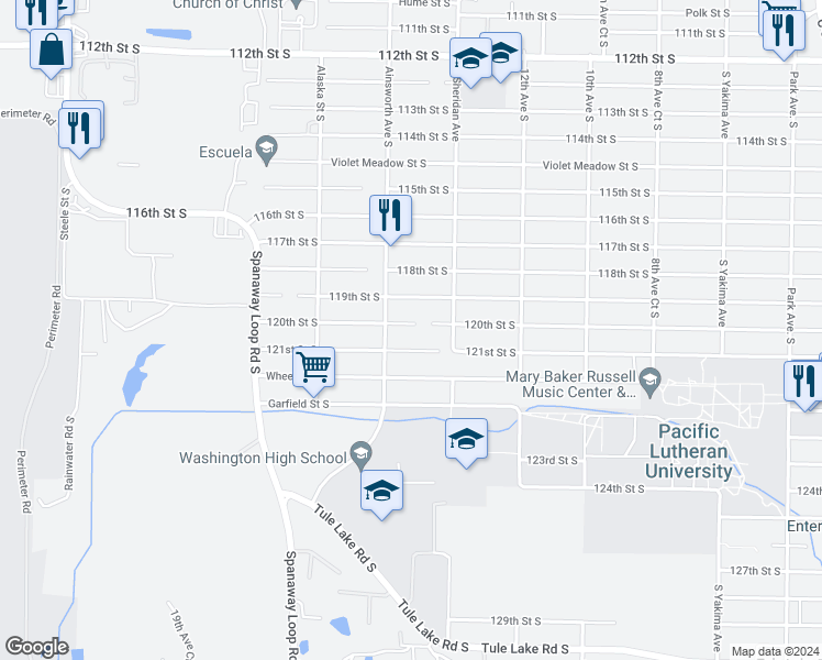 map of restaurants, bars, coffee shops, grocery stores, and more near 1417 121st Street South in Tacoma