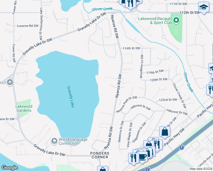 map of restaurants, bars, coffee shops, grocery stores, and more near 12018 Nyanza Road Southwest in Lakewood