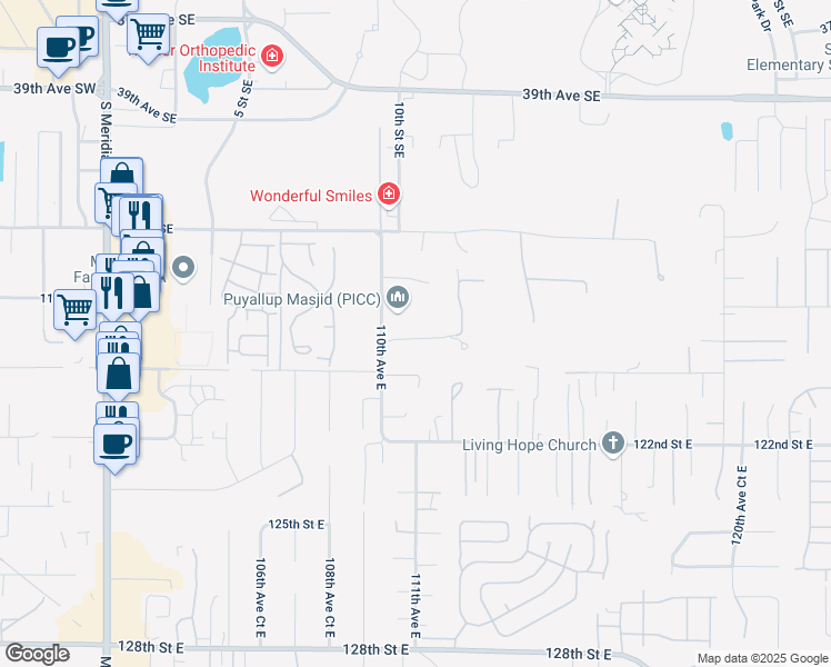 map of restaurants, bars, coffee shops, grocery stores, and more near 11018 119th Street East in Puyallup
