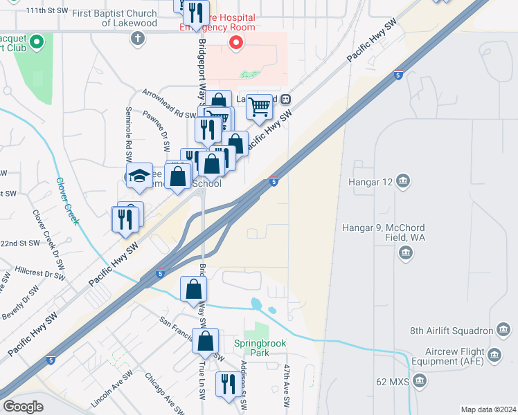 map of restaurants, bars, coffee shops, grocery stores, and more near 4717 121st Street Southwest in Tacoma