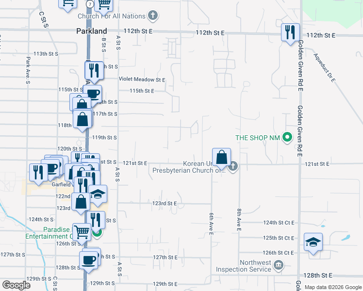 map of restaurants, bars, coffee shops, grocery stores, and more near 11928 4th Avenue Court East in Tacoma