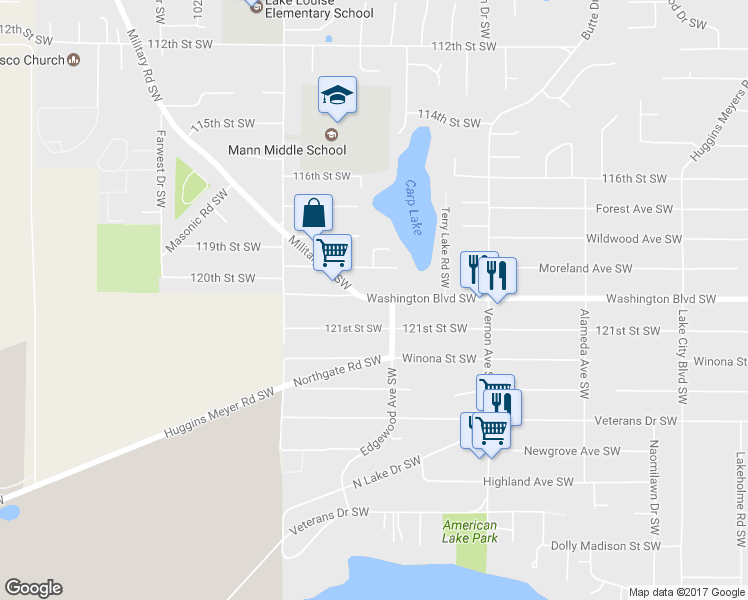 map of restaurants, bars, coffee shops, grocery stores, and more near 9703 121st Street Southwest in Tacoma