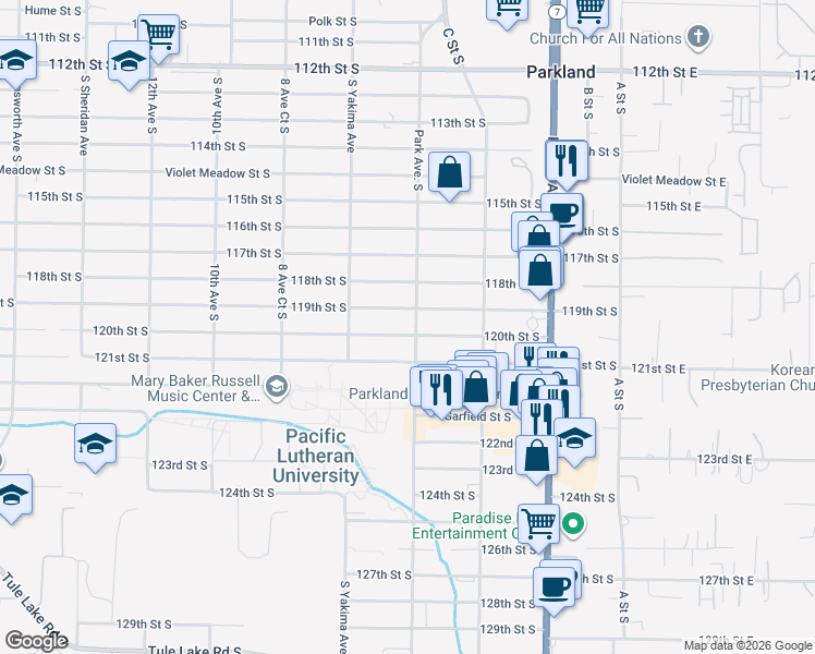 map of restaurants, bars, coffee shops, grocery stores, and more near 601 Street S in Tacoma